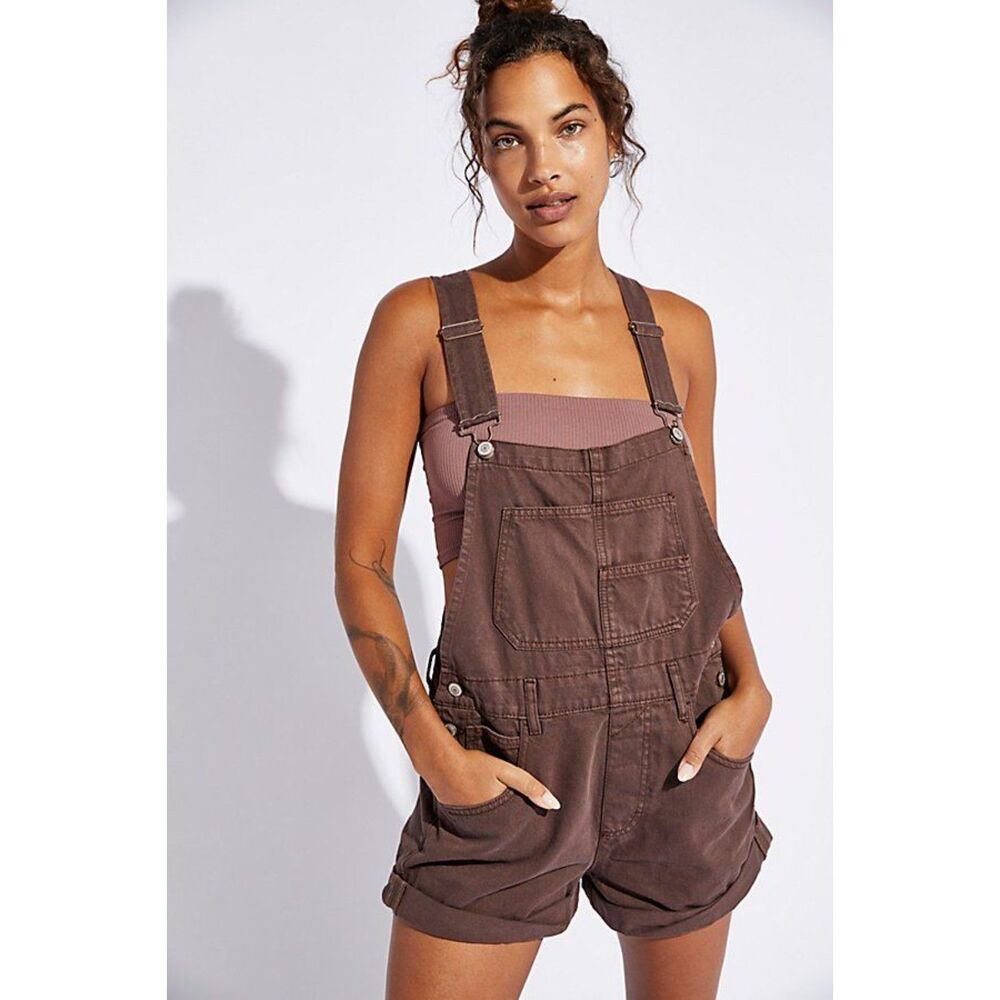 Free People We The Free Ziggy Shortalls Bibs Overalls Brown Size Large Boho EUC